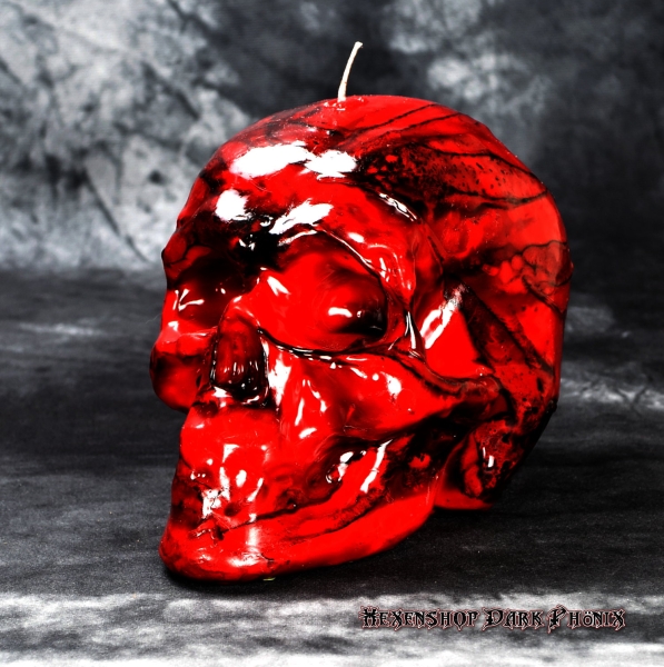 Hexenshop Dark Phönix Totenkopfkerze Rot und Schwarz Groß